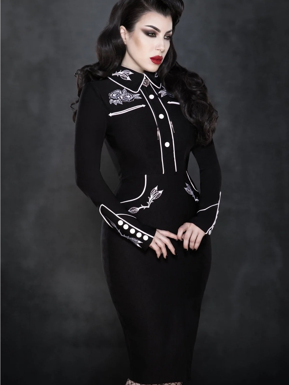 Black Long-Sleeve Fitted Dress with White Trim and Embroidery